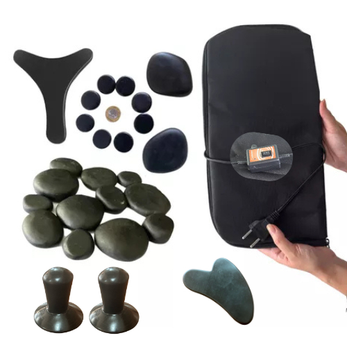 Kit Premium 12 Pedras Vulcanicas + 10 Podais  + Bolsa Térmica + Pantalinha + Guasha + 2 Cogumelo