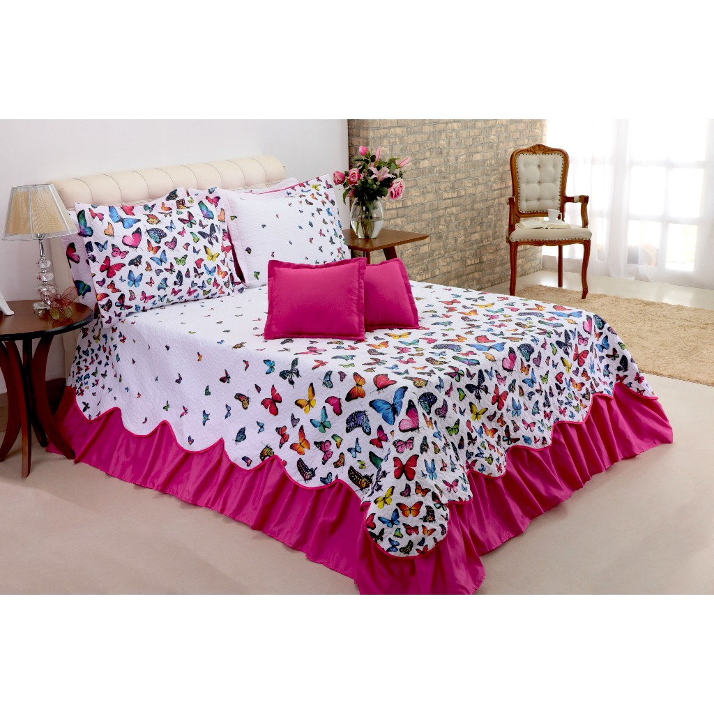 Kit 5 Pçs Cobre Leito Colcha Casal Queen Belize com Babados Borboletas Pink