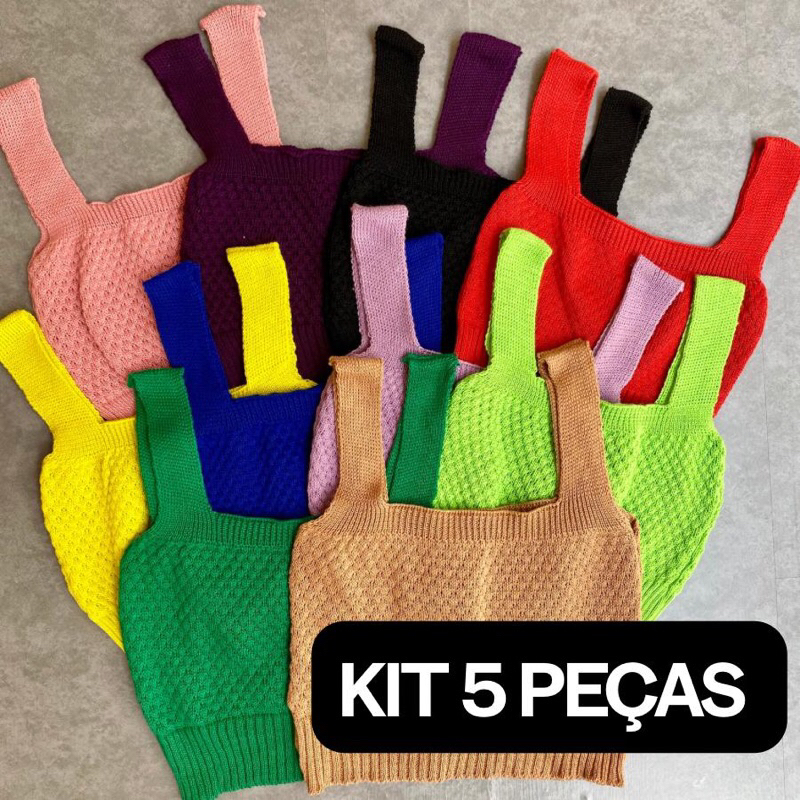 KIT 5 PEÇAS Cropped Alça grossa tricot feminino moda blogueira top alça larga verão barato tendência