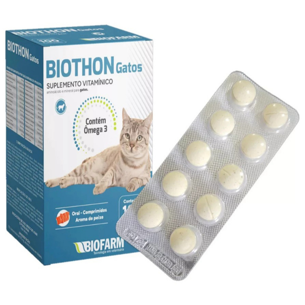 Biothon Gatos 100 Comprimidos - Suplemento para gatos, ômega 3, Abridor apetite - Biofarm