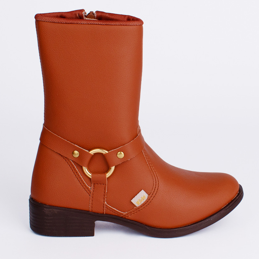 Bota Infantil Menina Kidy Montaria Canela Anatômica Elegante Cano Médio Argola Antiderrapante - Baby & Kids Fashion