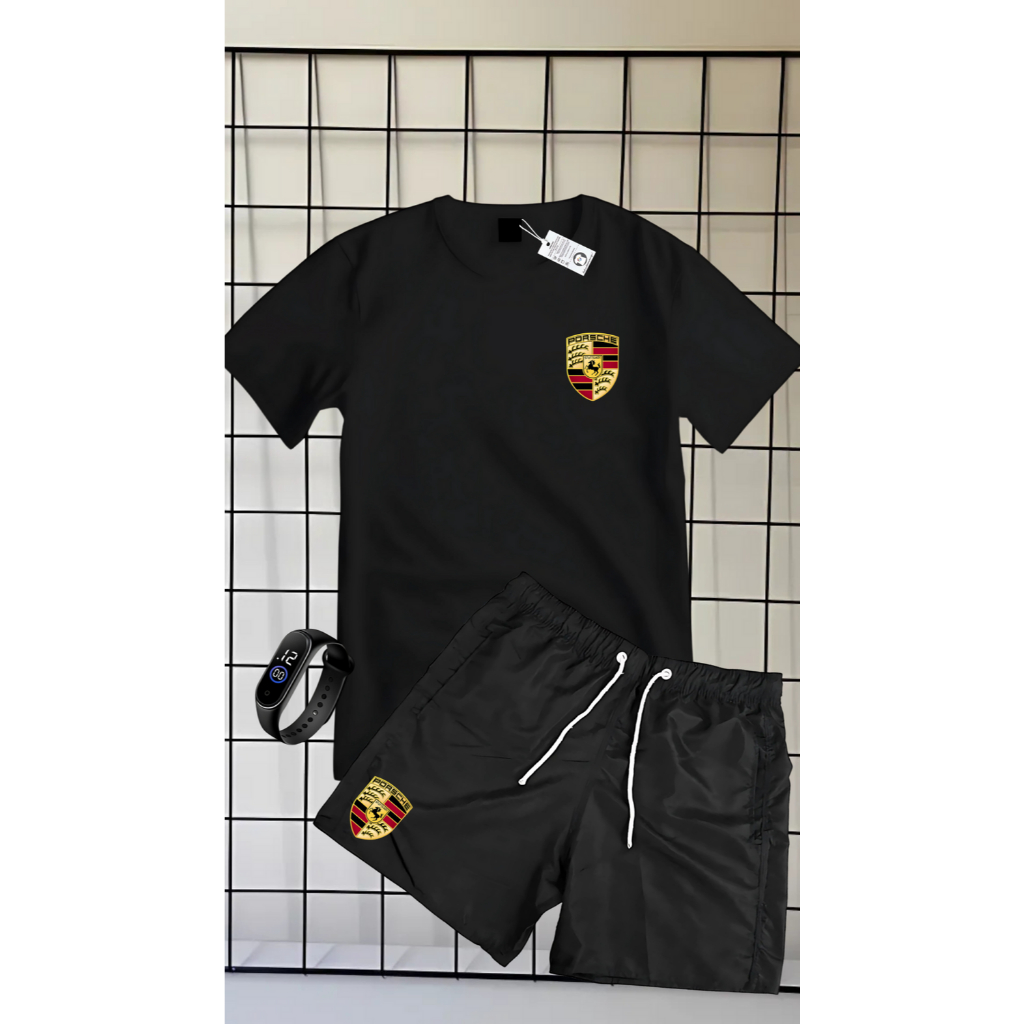 CONJUNTO DE CAMISA CAMISETA 100% ALGODÃO BERMUDA TACTEL ESTAMPA PORSCHE + RELOGIO DE BRINDE