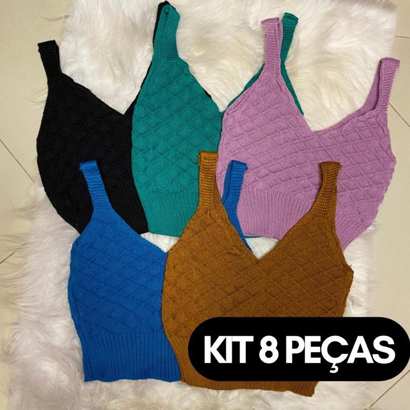 KIT 8 PEÇAS Cropped Top Tricot Escama moda feminina blogueira verão alcinha tricô