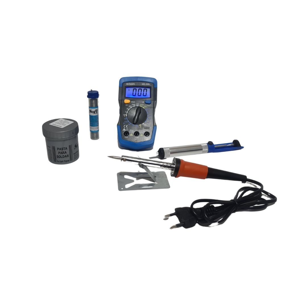 Kit Ferro De Solda 60w 110v + Multimetro Digital Visor Lcd + Pasta De Solda 110g + Sugador + Estanho 25g em Oferta na Shopee