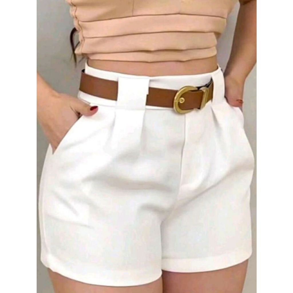 Short Alfaiataria Feminino Cintura Alta Social Com Bolso e Cinto Promoção