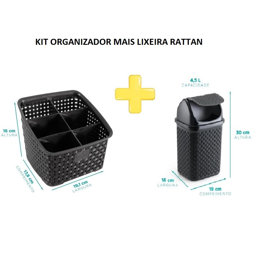 KIT Lixeira Pia Basculante Rattan 4,5L e Organizador Rattan 6 divisórias Preto MELHOR PREÇO Nitron