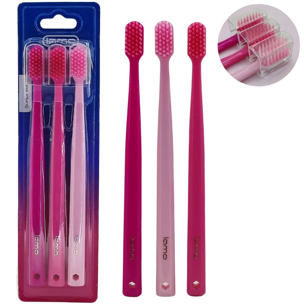 Kit Escova de Dente Adulto Rosa Cerdas Macias com Capa Protetora Rosa 18cm Ideal para Viagem