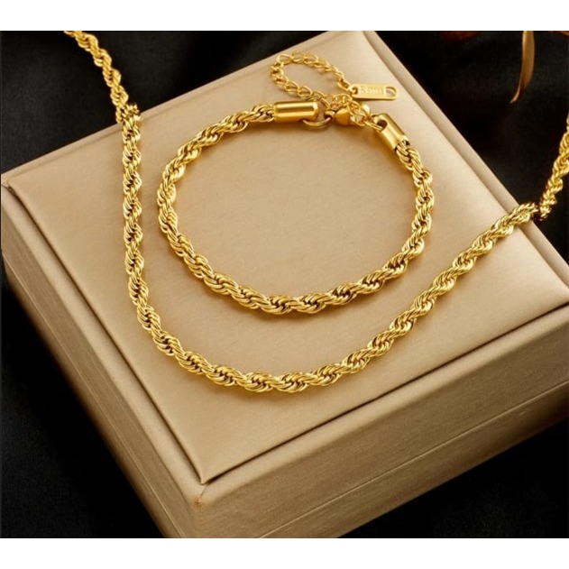 Conjunto Feminino Corrente e Pulseira Trançado Cordão Baiano 45 cm banhado a ouro 18k Dourado em Oferta na Shopee