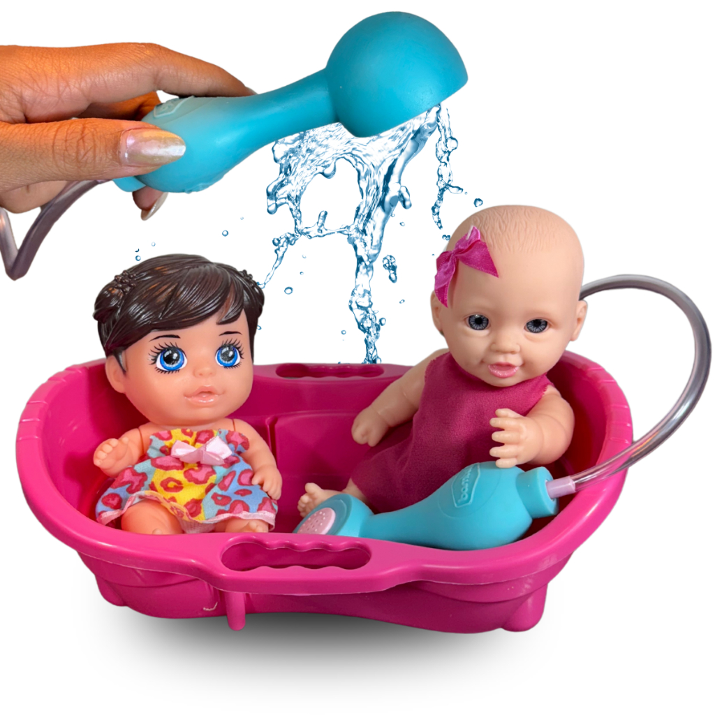 Kit com 2 Bonecas + Banheira Banho Brinquedo Menina Sai Agua de Verdade Presente infantil presente criativo educativo