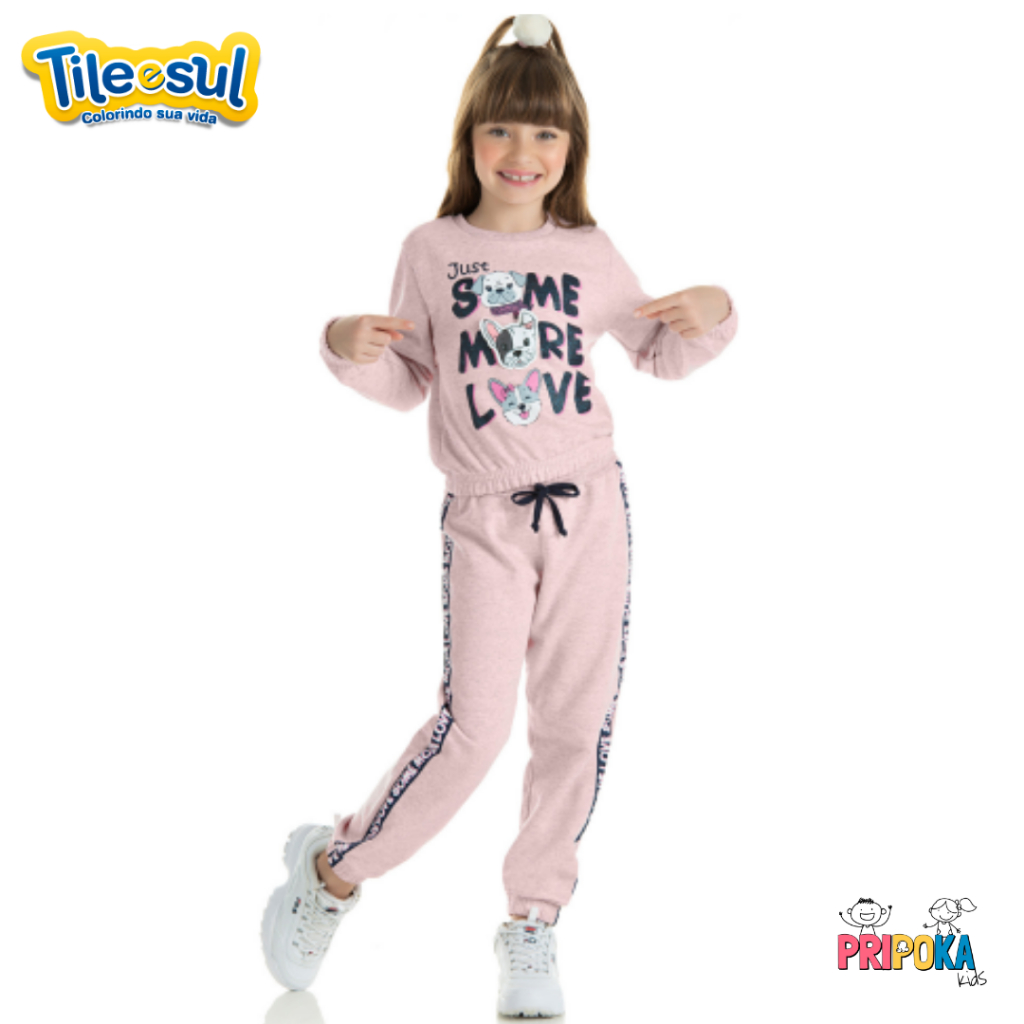 [[Tam.4 ao10] Conjunto em Moletom Flanelado Menina Tile e Sul Longo Infantil