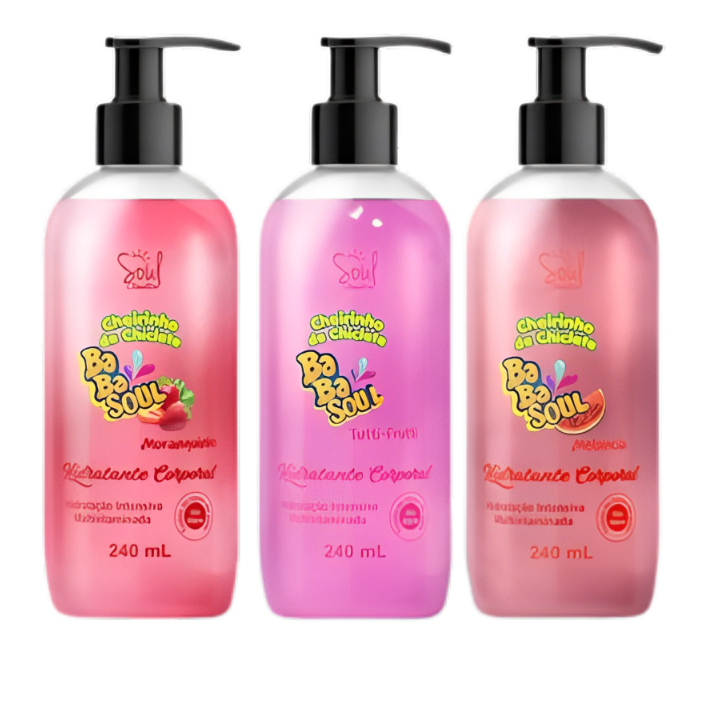 Kit 3 Hidratantes Corporais - Babasoul Soul 240ml – Fragrâncias de Chiclete Tutti-Frutti, Melancia e Morango