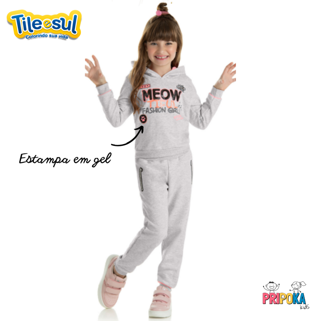 [[Tam.4 ao 10] Conjunto em Moletom Flanelado Menina Tile e Sul Longo Infantil com Estampa em Gel - Ref 12546M