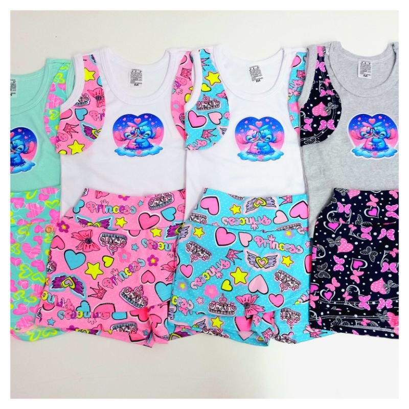 Conjunto Infantil menina regata com colete short saia estampado moda infantil verão/ESTAMPAS ALEATÓRIAS/Cores Variadas