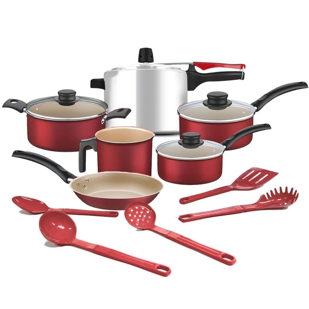 Jogo De Panelas 6 pcs Tramontina Turim com Panela de Pressão Rochedo Clock e 5 Utensílios