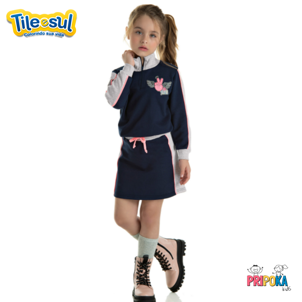 [[Tam.4 ao 10] Conjunto em Moletom Flanelado Menina Tile e Sul Infantil Estampado Marinho - Ref 12545