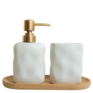 Kit para Lavabo Banheiro Dispenser Porta Sabonete e Copo Porta Escova Branco e Bandeja Mad...