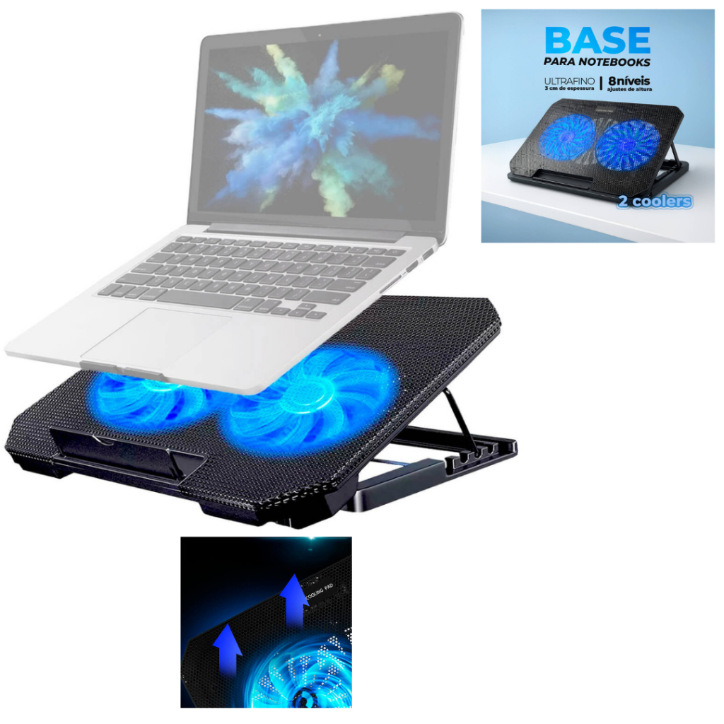 Suporte Notebook Base Refrigerada 2 Coolers 8 Níveis de Altura Notebooks de 12" a 17"