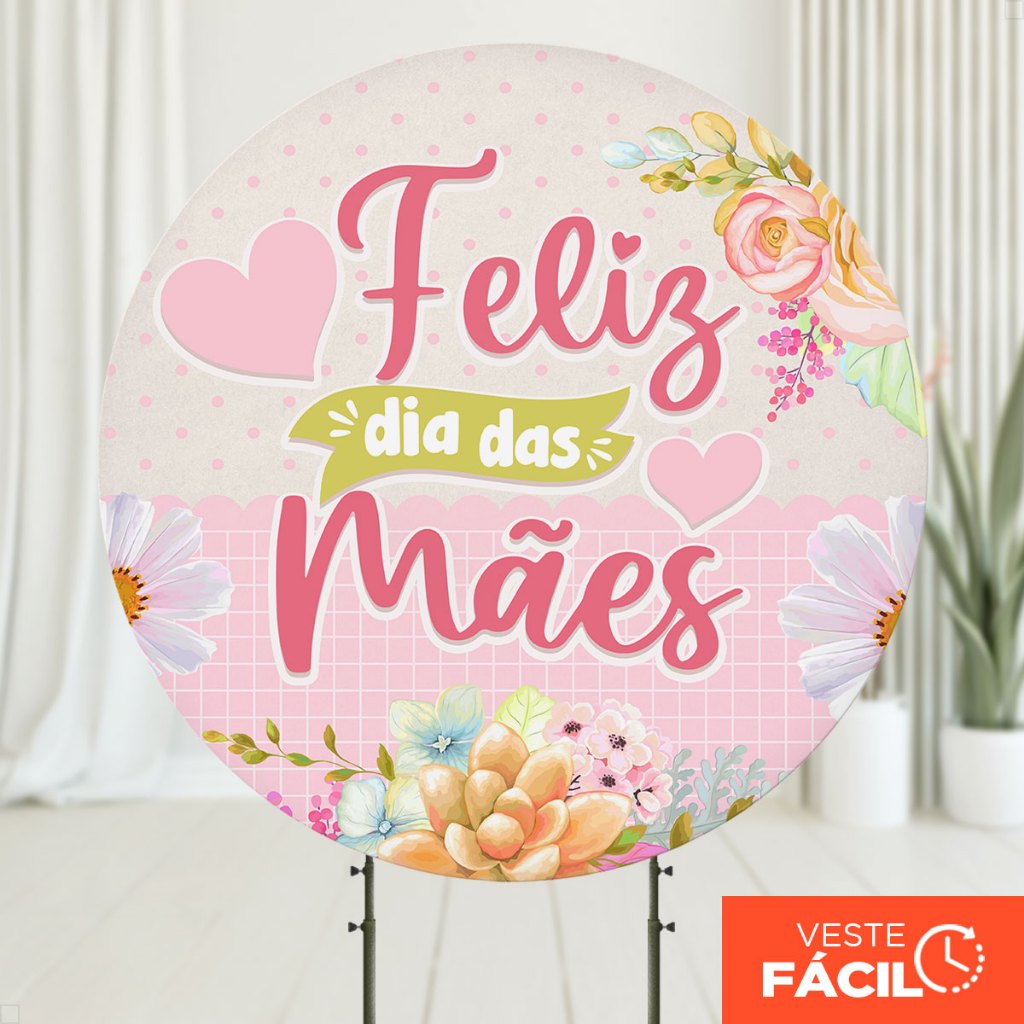 Capa Painel Redondo Dia das Mães Rosa em Tecido Sublimado 1,50m com Elástico para Festas - APR-2515