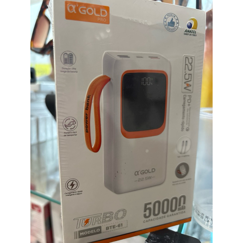 Carregador Portátil 50000 mAh Power Bank Grande Turbo 22.5W PD Rápido Com Lanterna Led Agold BTE-61