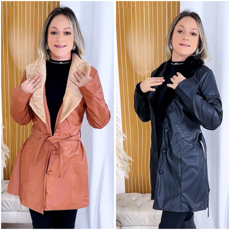 Sobretudo Blazer Couro PU Alongado Pelinhos Cinto Botões