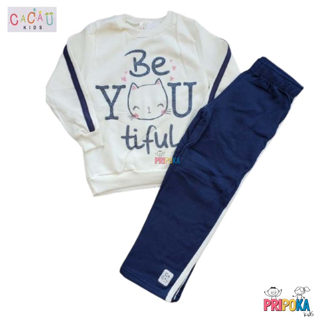 [[Tam.4 e 10] Conjunto Infantil Longo em Moletom Flanelado Menina Cacau Kids Estampado Off-White/Azul - Ref 1435W