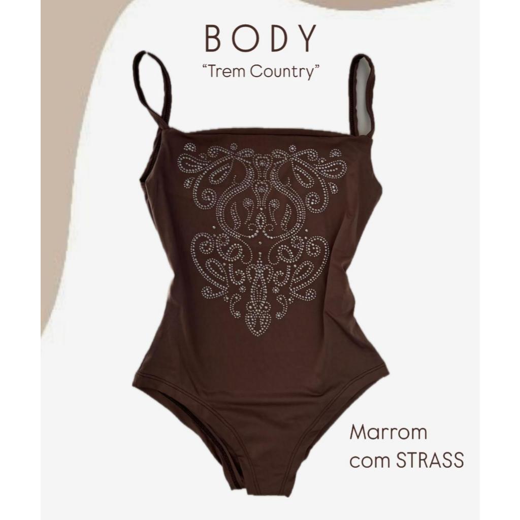 Body Feminino Suplex Regata De Alcinha Pedraria Brilho Strass Luxo Marrom Country Enico  Perolas