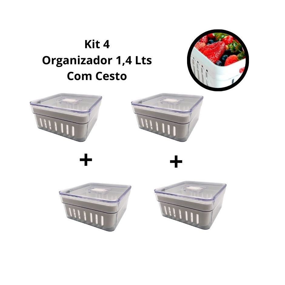 Imagem Kit 4 Organizadores De Geladeira 1,4 Litros Com Cesto - Plastutti