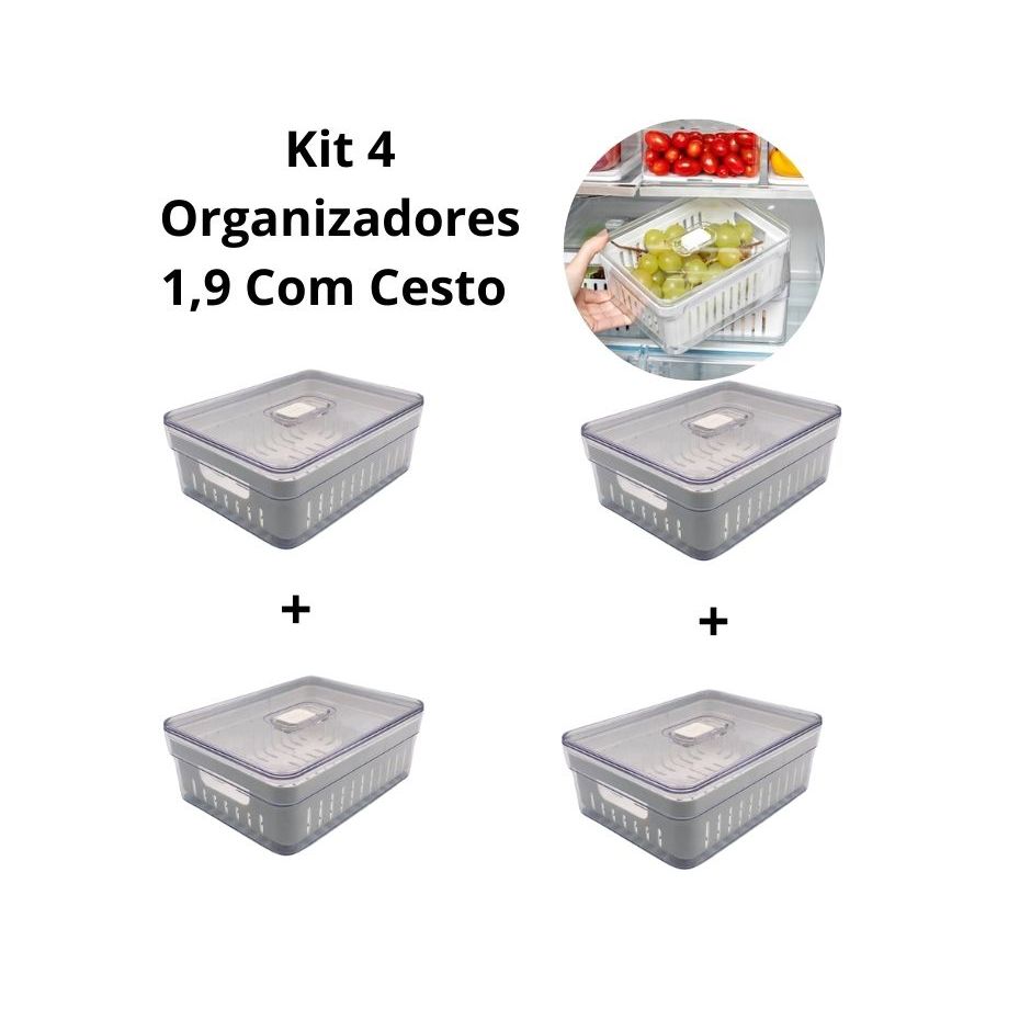 Kit 4 Organizadores De Geladeira 1,9 Litros Com Cesto - Plastutti