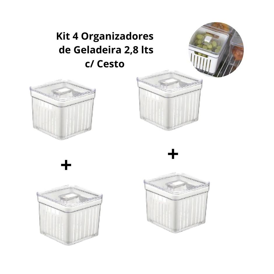 Kit 4 Organizadores de Geladeira 2,8 lts c/ Cesto - Plastutti