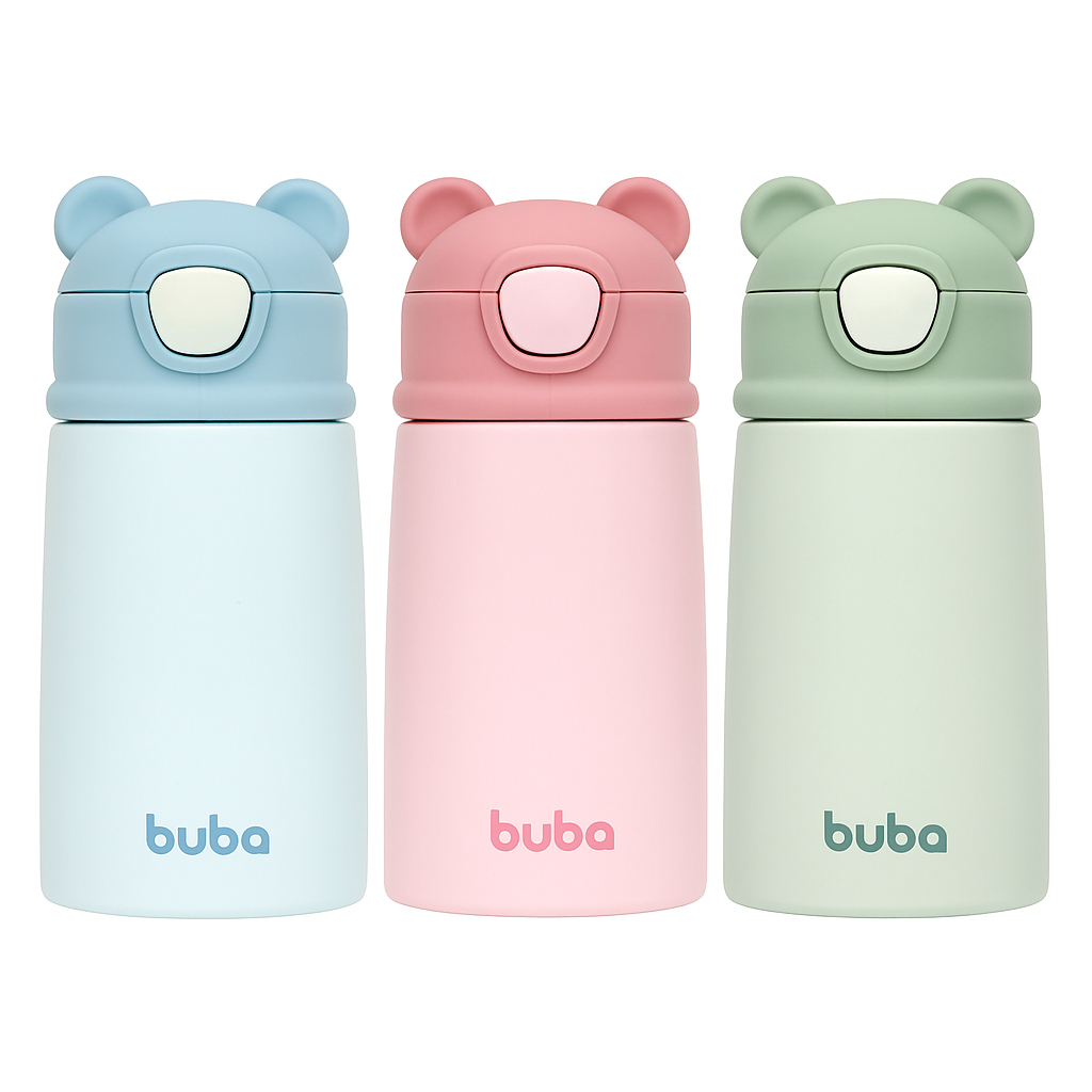 Garrafa Garrafinha Copo Térmico Parede Dupla Ursinho Rosa Verde Azul - Buba