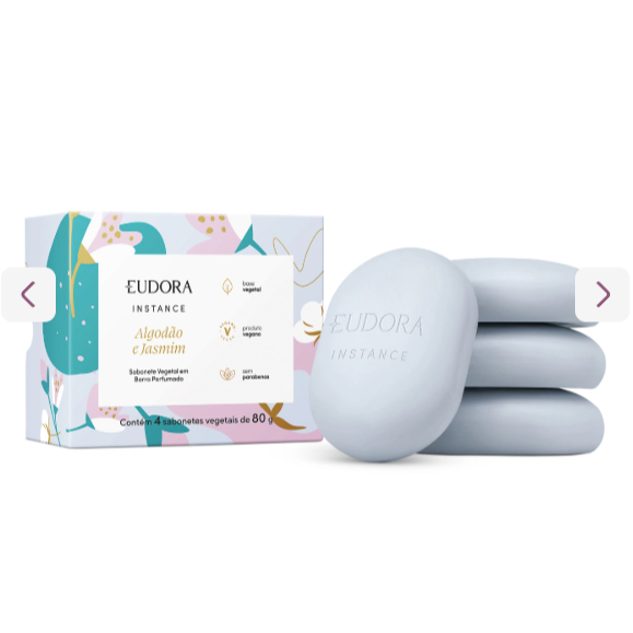 Sabonete Vegetal em Barra Perfumado Instance Algodão e Jasmim 4x80g Eudora.