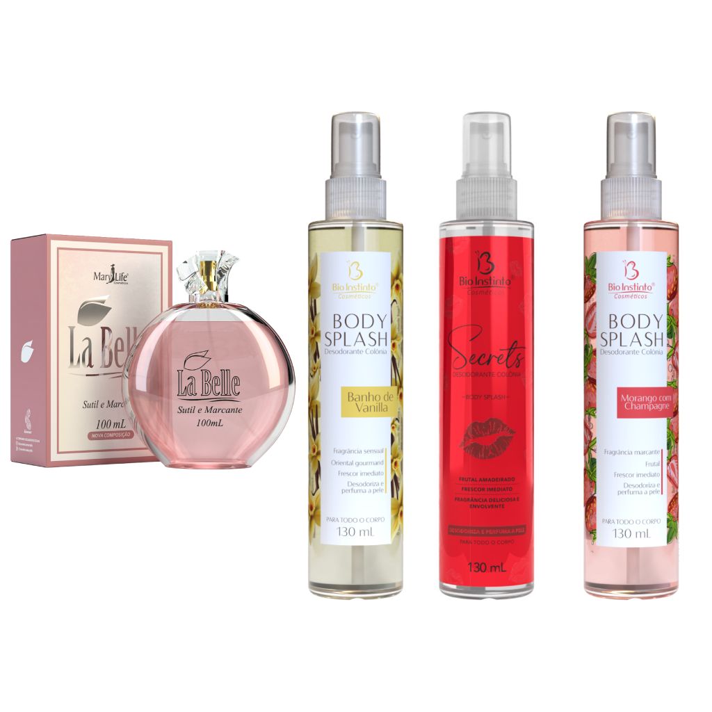 💎 Kit Luxo Mary Life – Perfume La Belle + Body Splash Vanilla + Body Splash Morango com Champagne +Body Splash Secrets