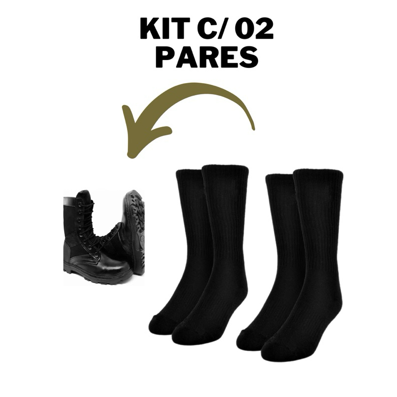 Kit com 02 pares de Meia Preta Cano Alto para coturno Militar - Premium