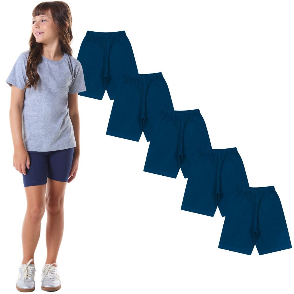 Kit 5 Shorts Escolar Cotton Infantil Juvenil Bermuda Menina Feminina do 1 ao 16 Moob