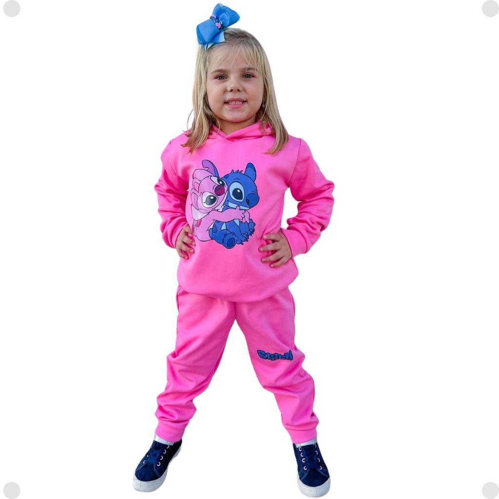 Conjunto Moletom Infantil Menina Stitch Disney Flanelado Quentinho Blusa de Frio e Calça Jogger Personagem Lilo e Stitch