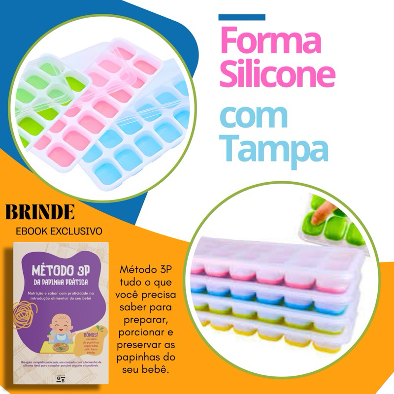 Kit Formas de Gelo Silicone com Tampa Rígida Flexível - Papinha - Introdução alimentar