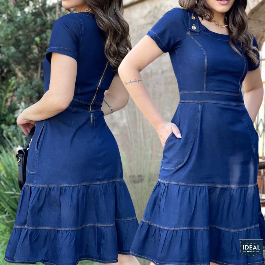 Vestido Jeans Elastano Detalhe Botão Ombro Soltinho Chique Moda Cristã Evangelico com Ziper Bolso em Oferta na Shopee