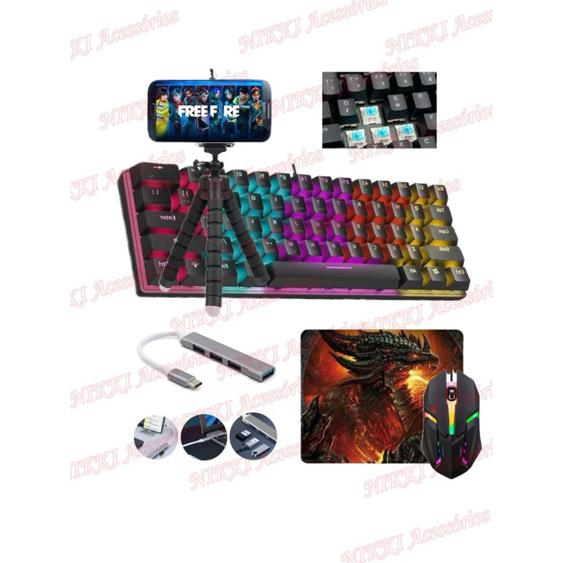 Teclado mecânico RGB switch azul kit T61 com mouse /mouse pad /tipoc hub3.0/trip