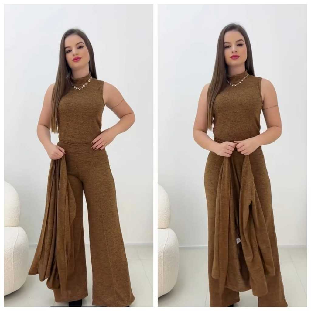 CONJUNTO FEMENINO LANZINHA 3 PEÇAS REGATA, CARDIGA E CALÇA PANTALONA em Oferta na Shopee
