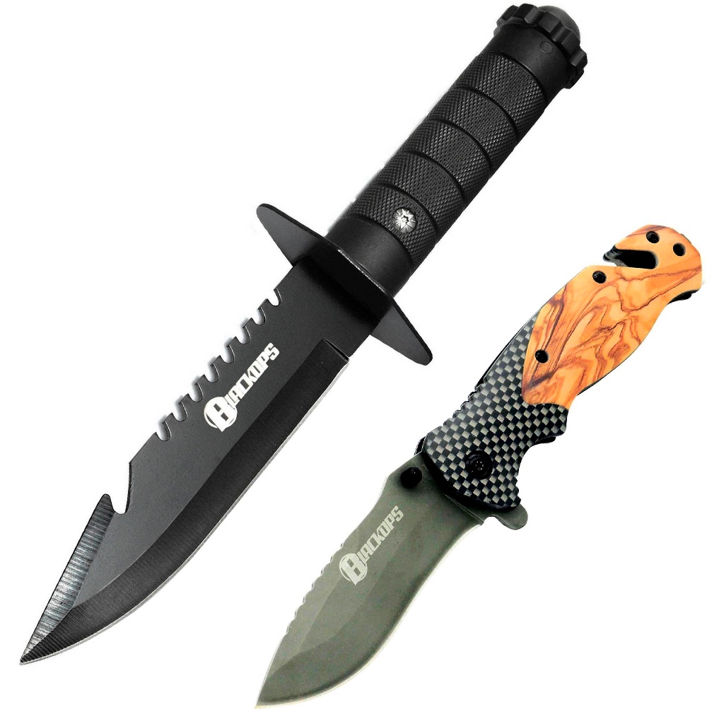Faca Tática Sobrevivência Pesca Caça Selva Bainha THY-16 BLACK OPS + Canivete Tático KN-2 BLACK OPS