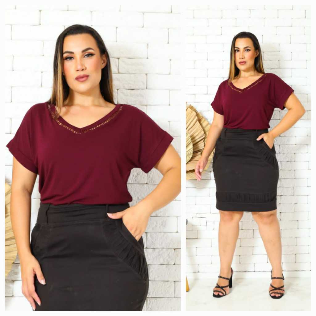 Blusa Feminina Manga Curta Gola V Renda Tendencia 2026 Disponível no Tamanho Plus Size