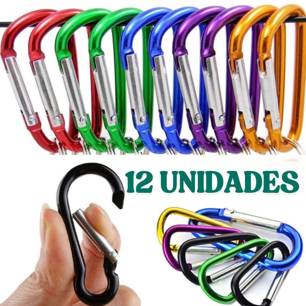 Kit 12 Chaveiros Mosquetão Alumínio com Argola Coloridos