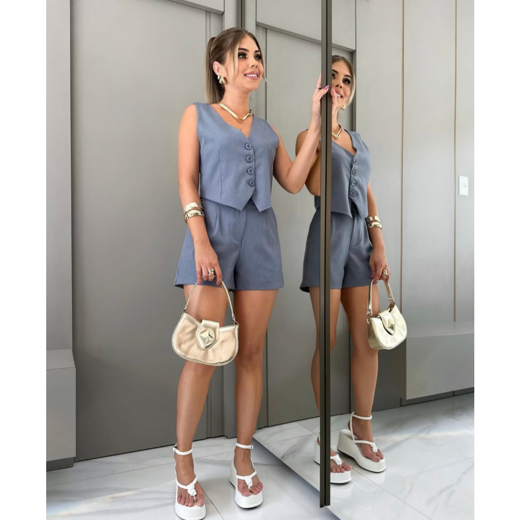 CONJUNTO FEMININO EM ALFAIATARIA  COLETE E SHORT SOCIAL MODA 2025