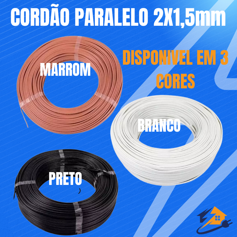 Cordão Paralelo 2x1,5mm (cabo para extensão) Branco Preto e Marrom 10 20 25 ou 30 metros em Oferta na Shopee
