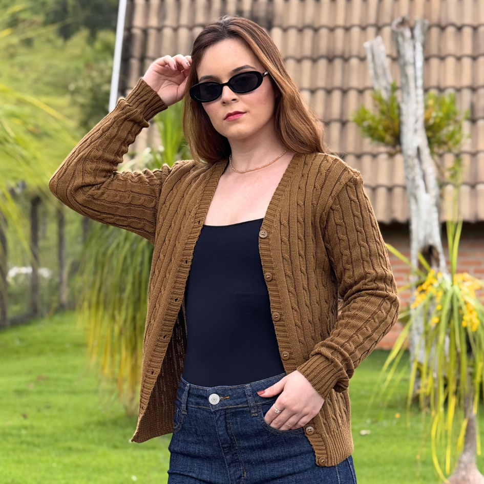 Casaco Tricot Caramelo Feminino Básico Tranças Aberto com Botões Inverno Cardigan Frio em Oferta na Shopee