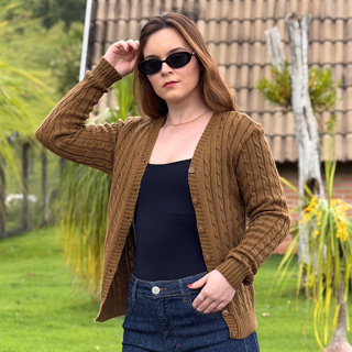 Casaco Tricot Caramelo Feminino Básico Tranças Aberto com Botões Inverno Cardigan Frio em Oferta na Shopee