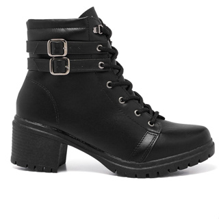 Coturno Feminina Salto Grosso Bota Tratorada Cano Curto Enfeite Dupla Fivela Inverno Moda Blogueira em Oferta na Shopee
