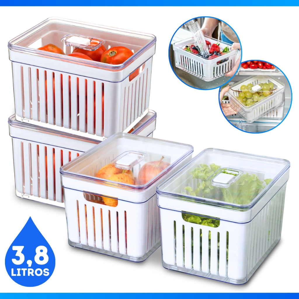 Organizador de Geladeira 3,8 Litros Cesto ou 2,8 ou 1,9L Com Tampa Multiuso Alimento Verdura e Vegetal
