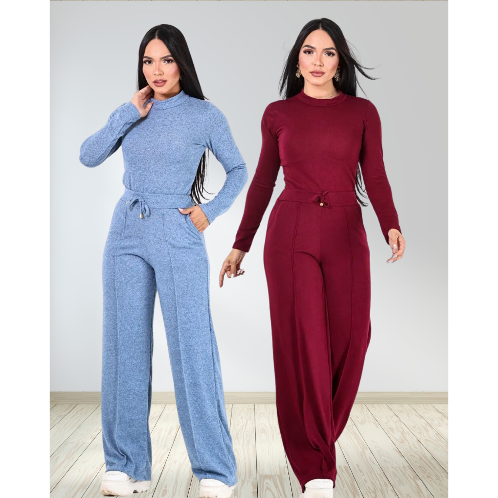Conjunto Feminino Blusa Manga Longa Calça Pantalona Cintura Alta Outono Inverno