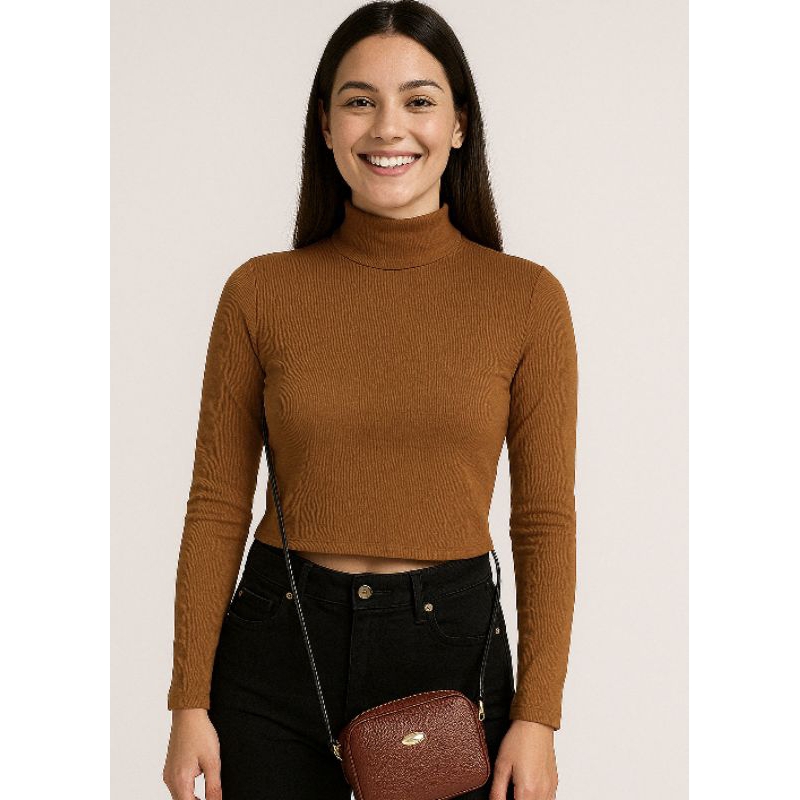 blusa Manga longa Gola Alta Feminina Malha Ribana canelada Cacharrel Básica elegante Cropped gola Alta